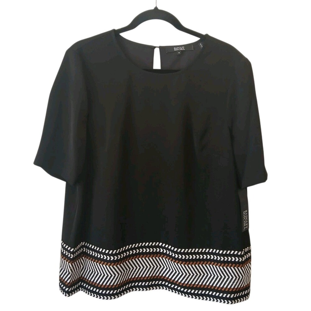 Badgley Mischka Sz 12 Black/White Embroidered Tribal Short Sleeve Top Rtl $330
